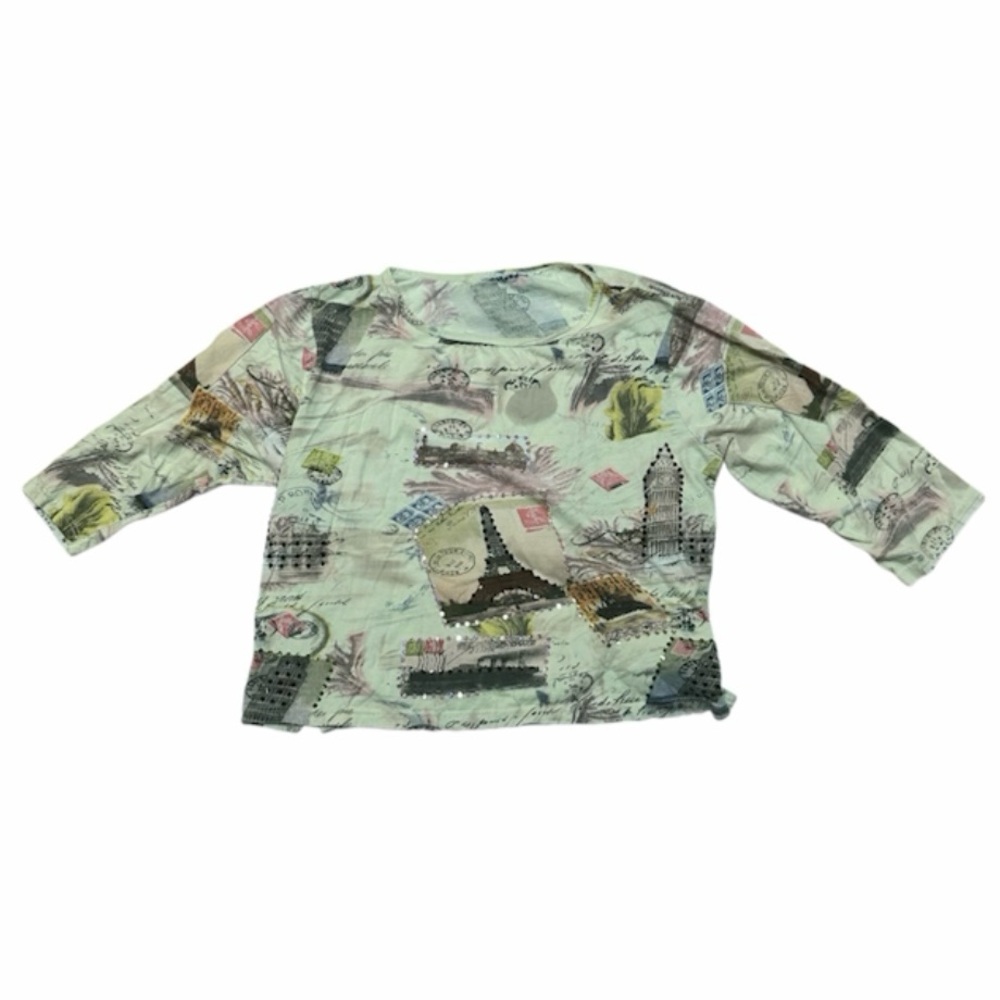 Y2K Vintage Tan Multicolor AOP Paris Sequin Top Size XL 2XL